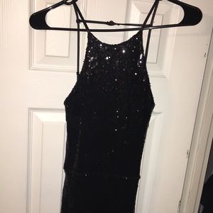 Black sequin zip up jumpsuit w/ spaghetti straps